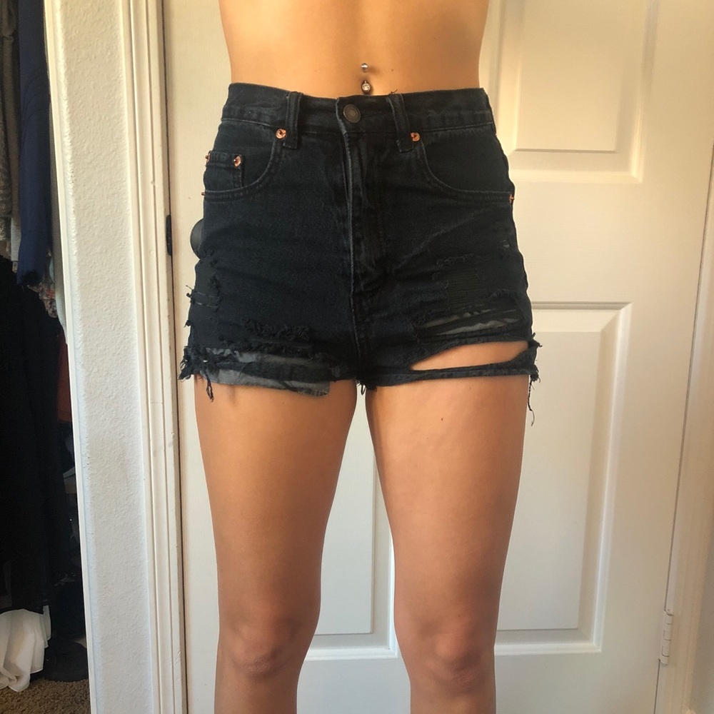High waisted distressed black shorts